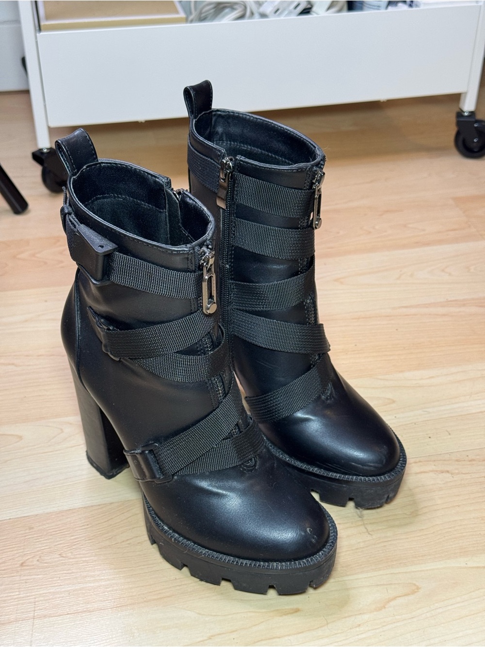 Black Strappy Platform Heel Ankle Boots